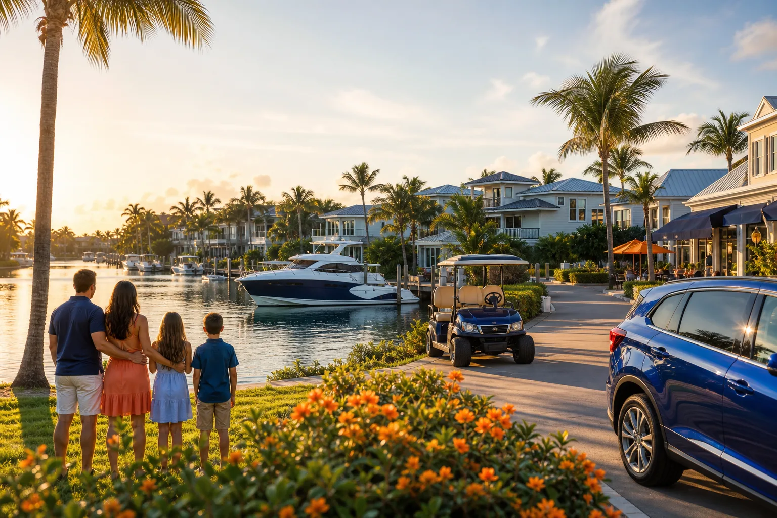 Family of four views waterfront marina with luxury yacht, palm trees, golf cart, and upscale Florida homes at sunset.
