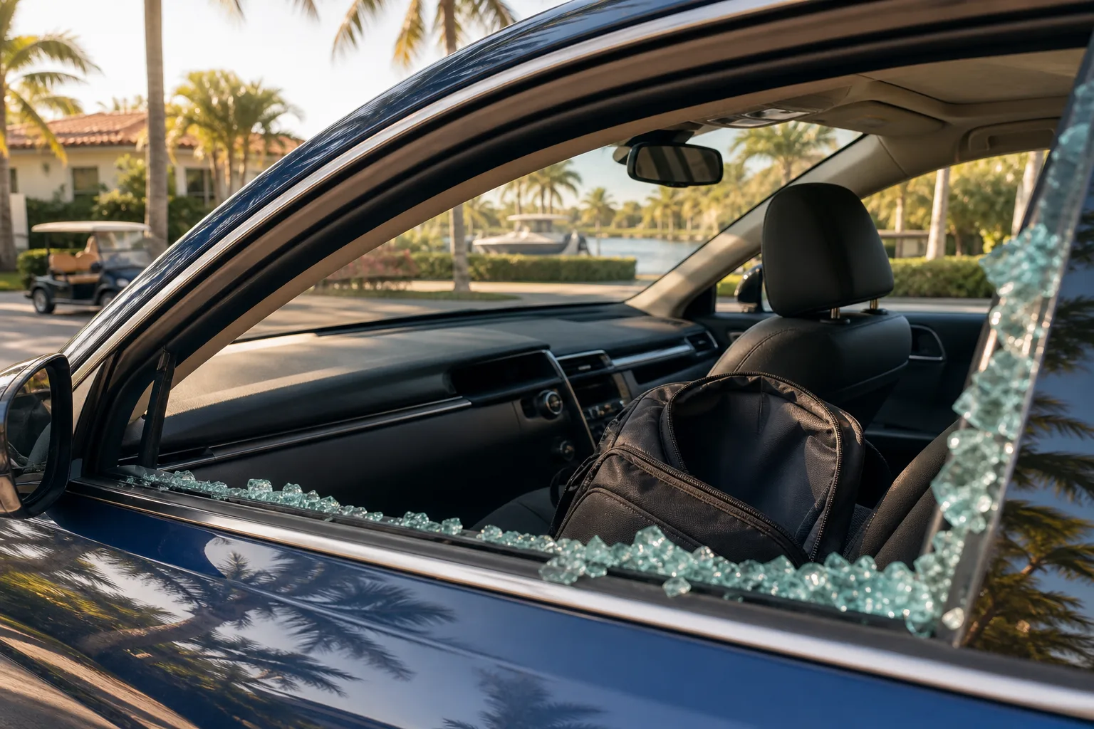 Blue car with smashed passenger window, glass shards on door sill, black laptop bag left on front seat, tropical setting.