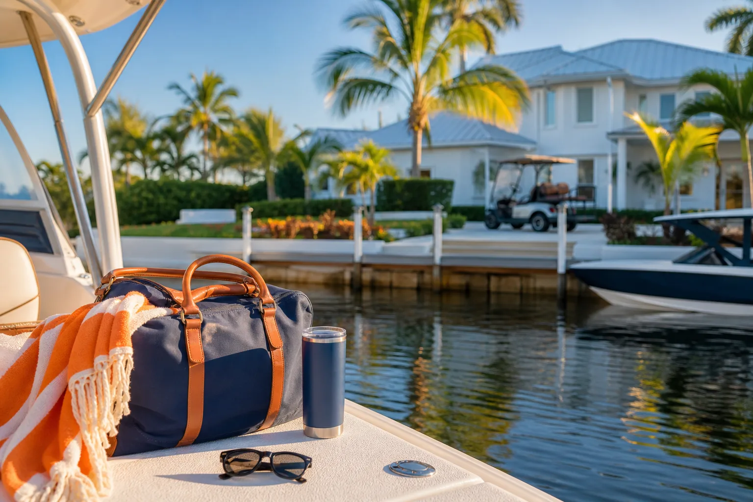 Navy duffle bag, orange towel, sunglasses, and tumbler on a boat deck near a luxury Florida waterfront home with palm trees.