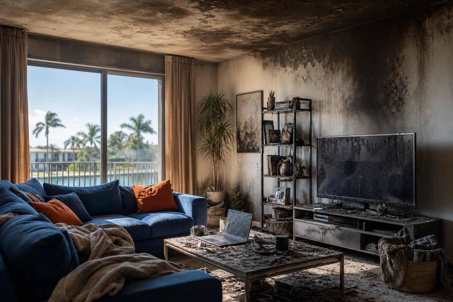 Fire-damaged living room with soot-covered walls, blue sofa, charred TV, ash-covered laptop on coffee table, balcony view.