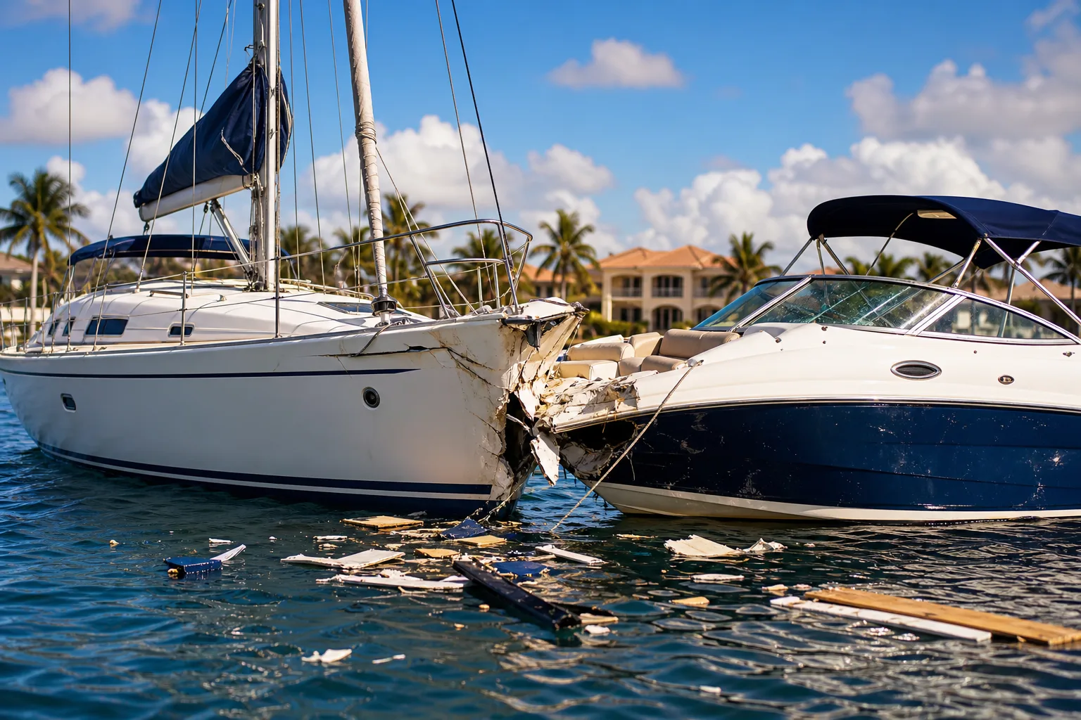 A white sailboat and navy motorboat collided in Florida waters, with fiberglass debris floating between the two damaged vessels.