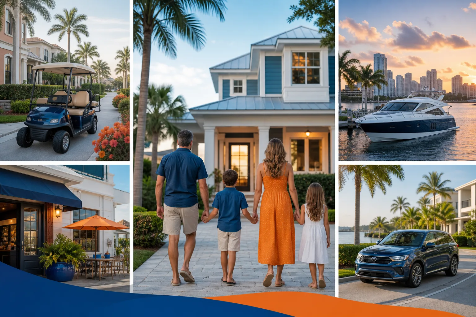 Collage: family at Florida home, golf cart, luxury yacht, SUV, outdoor restaurant — depicting affluent lifestyle liability scenarios