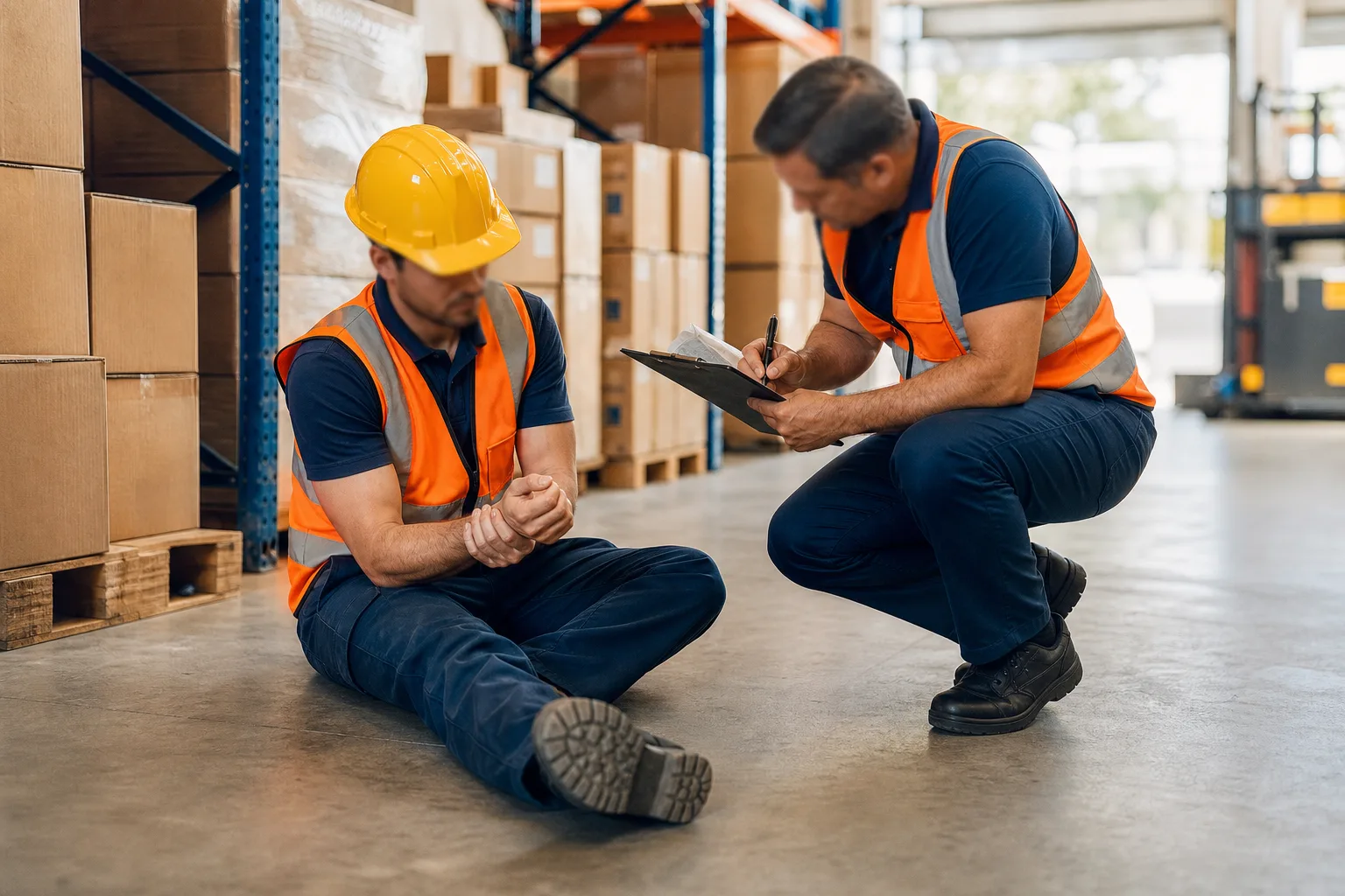 Injured warehouse worker in yellow hard hat sits on floor holding wrist while supervisor crouches nearby filling out incident report.