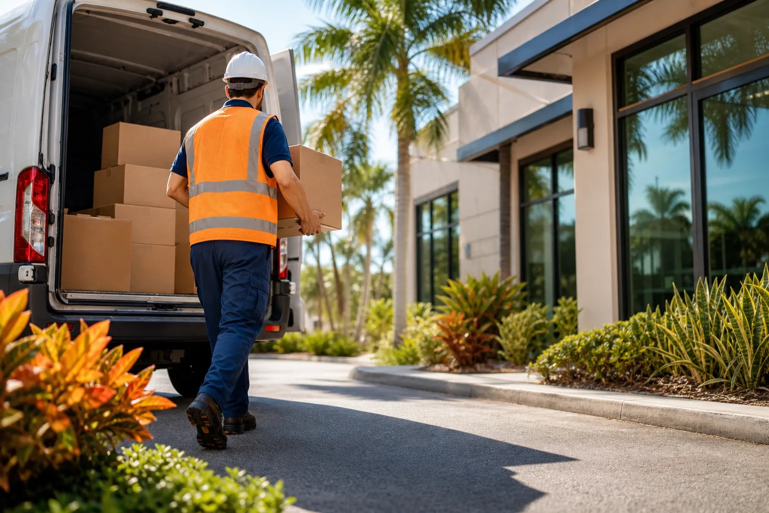 Delivery worker in orange safety vest and hard hat carries cardboard box from loaded white van toward modern commercial building.