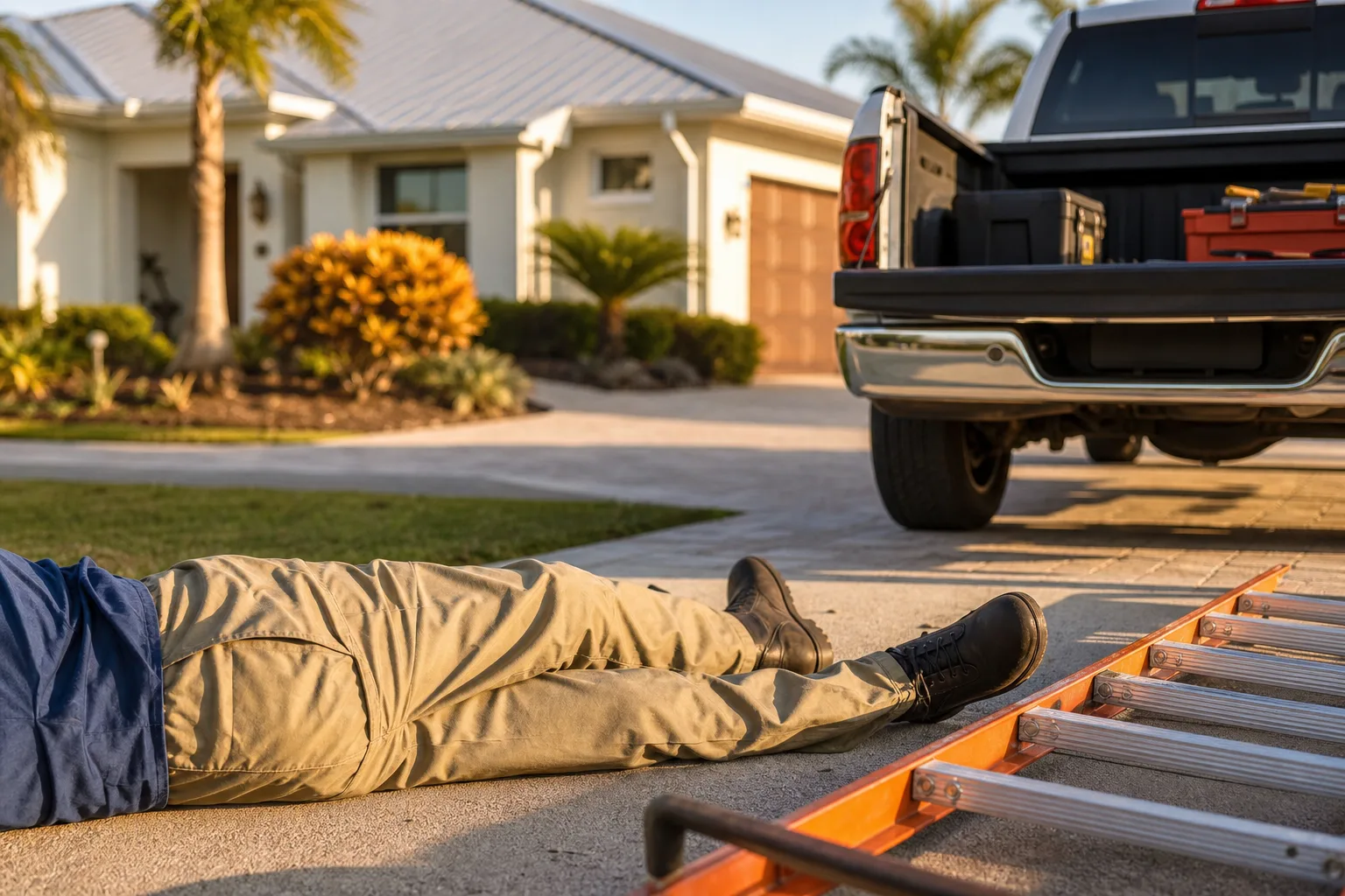 Worker lying on residential driveway next to fallen orange ladder and pickup truck with tools, suggesting a job-site fall injury.