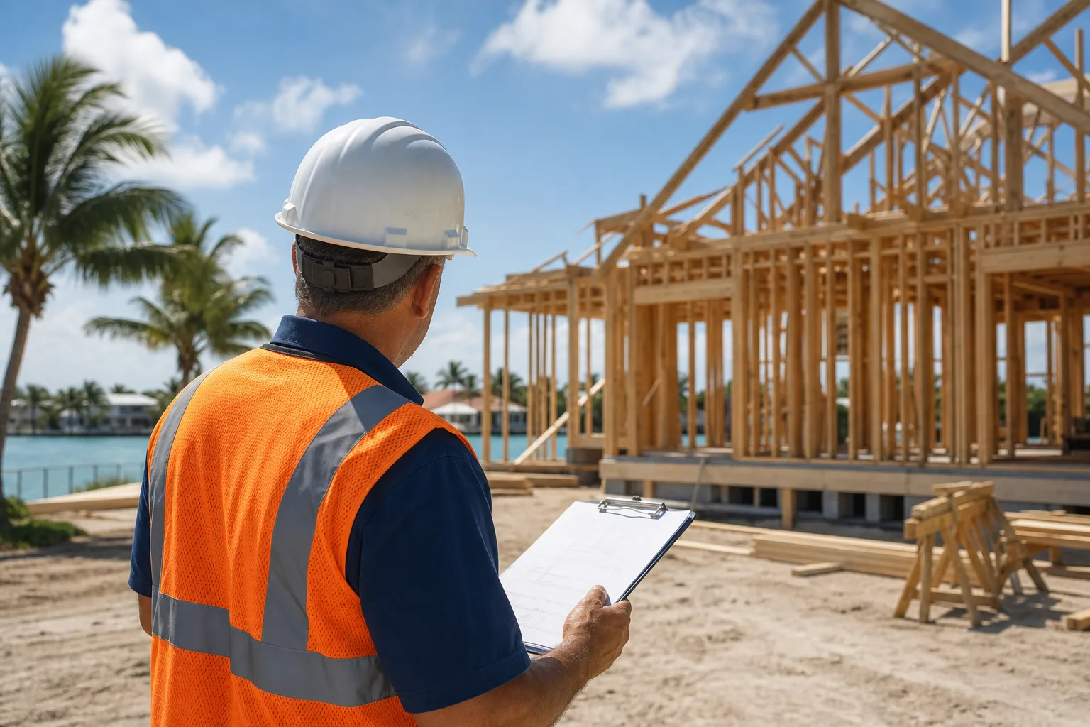Construction inspector in orange safety vest and white hard hat holds clipboard, reviewing wood-framed house build near Florida waterway.