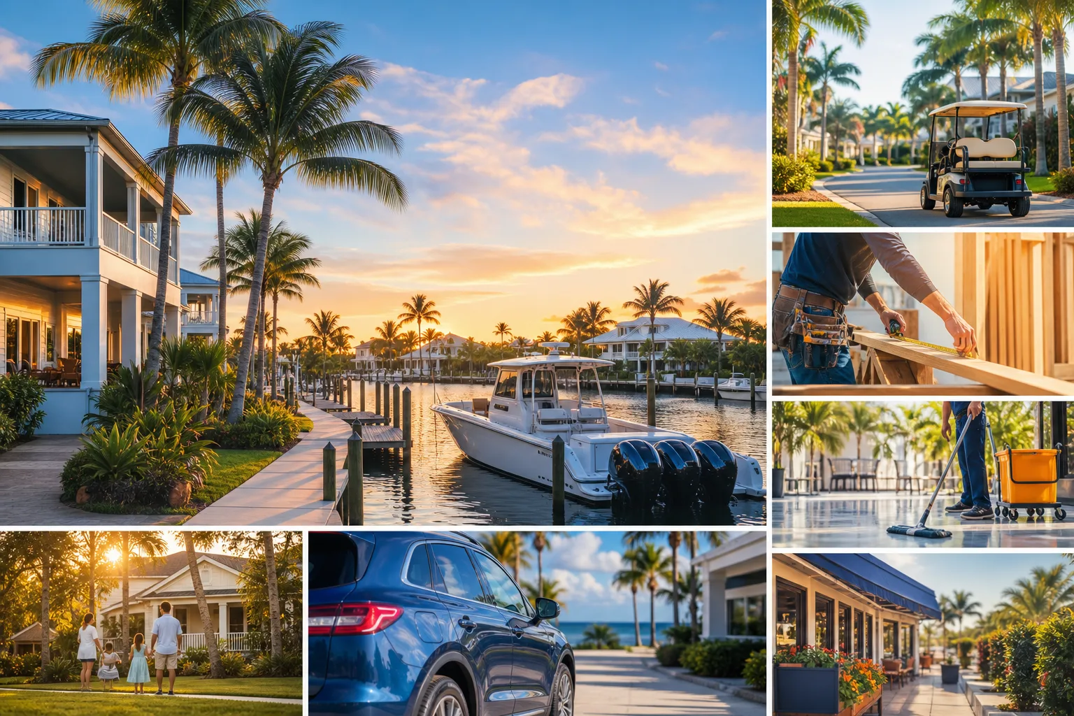 Collage of Florida coastal homes, boat dock, golf cart, construction worker measuring lumber, janitor mopping, family, and car