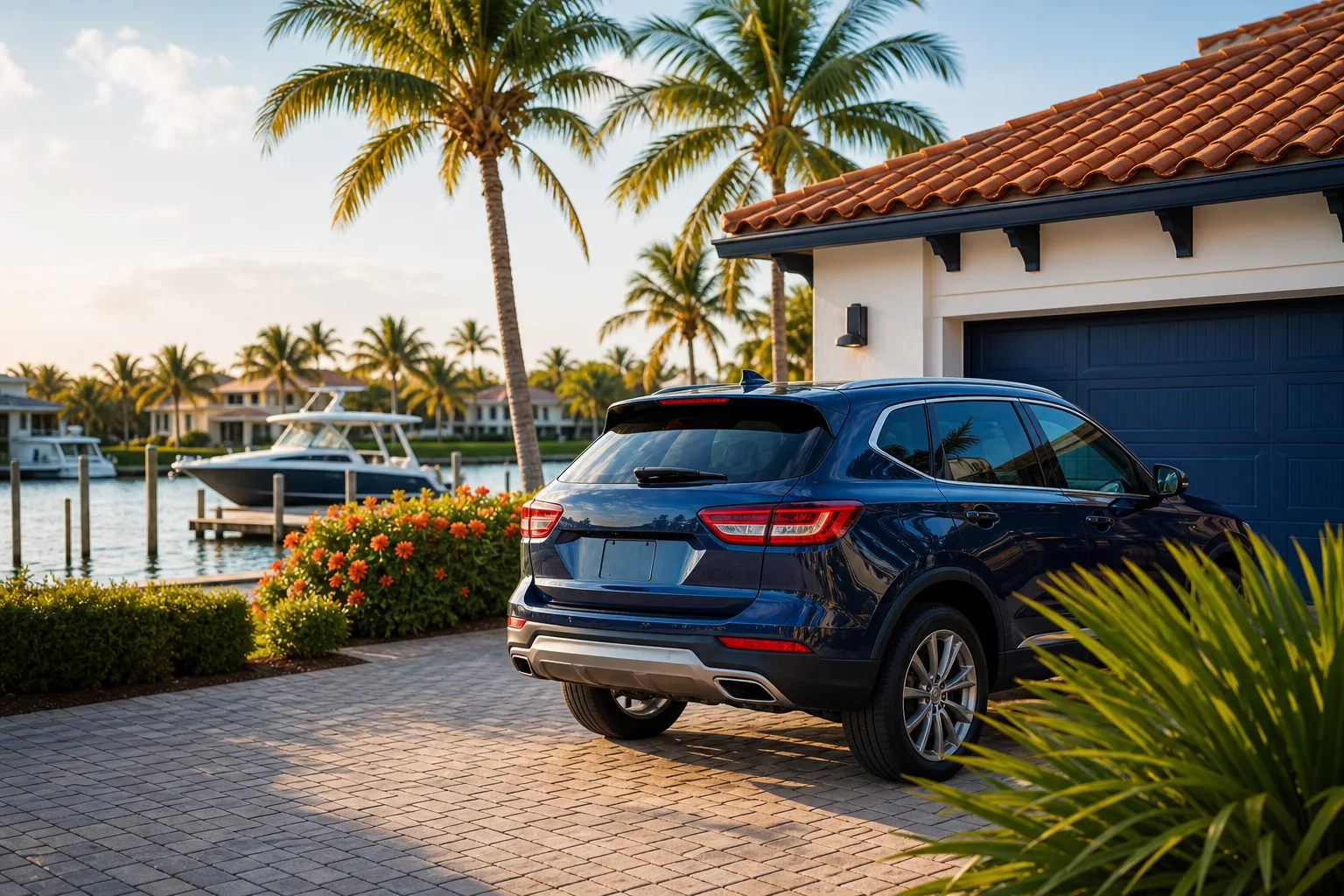Blue SUV parked at a waterfront Florida-style home with palm trees and boats.