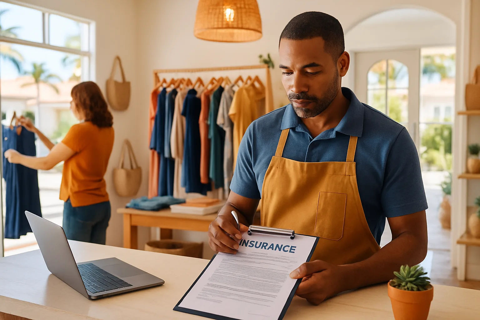 Male shop owner in yellow apron reviews insurance documents on clipboard at counter; woman browses clothing rack behind him.