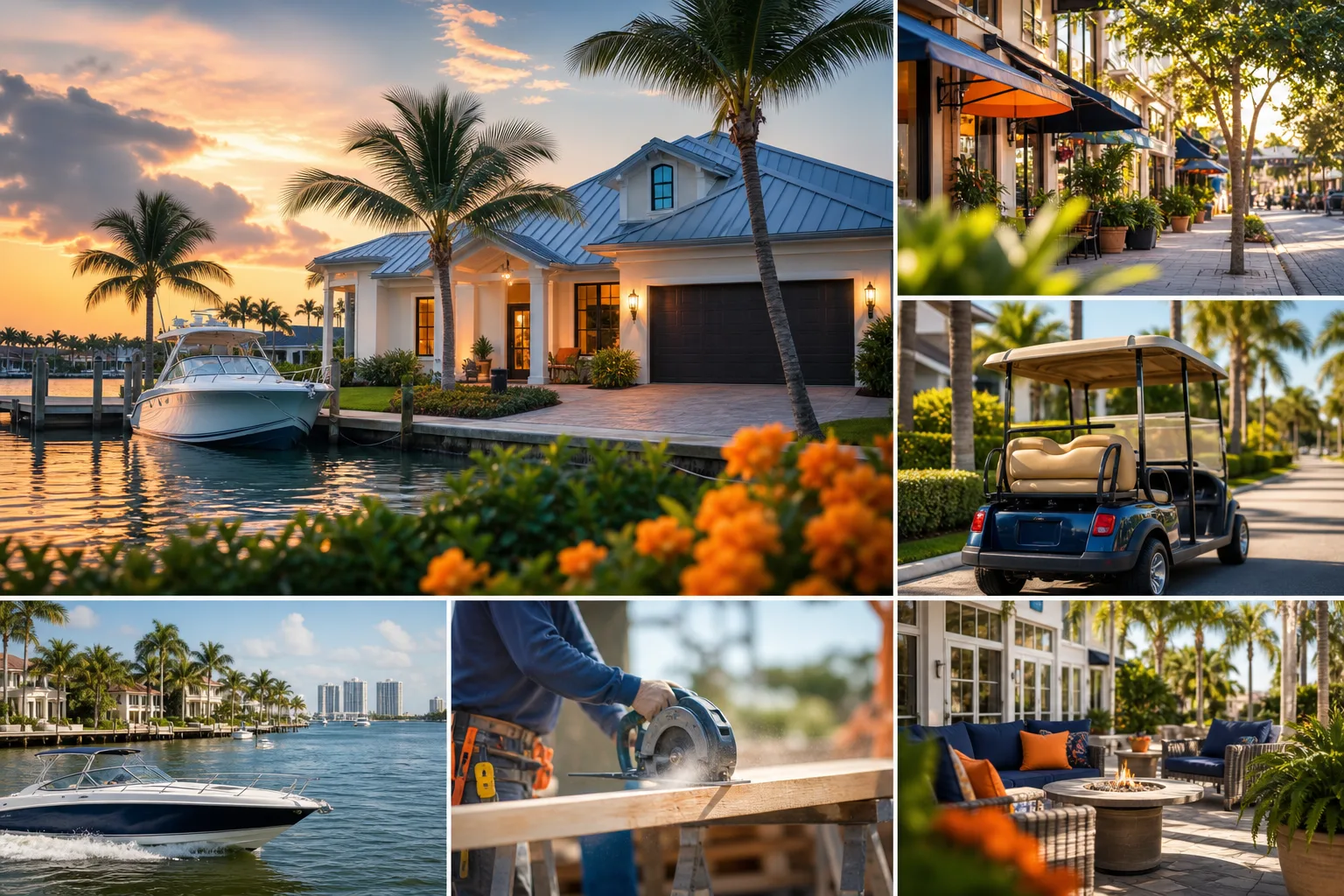 Collage of Florida small business scenes: waterfront home with boat, shopping street, golf cart, contractor using circular saw, outdoor lounge