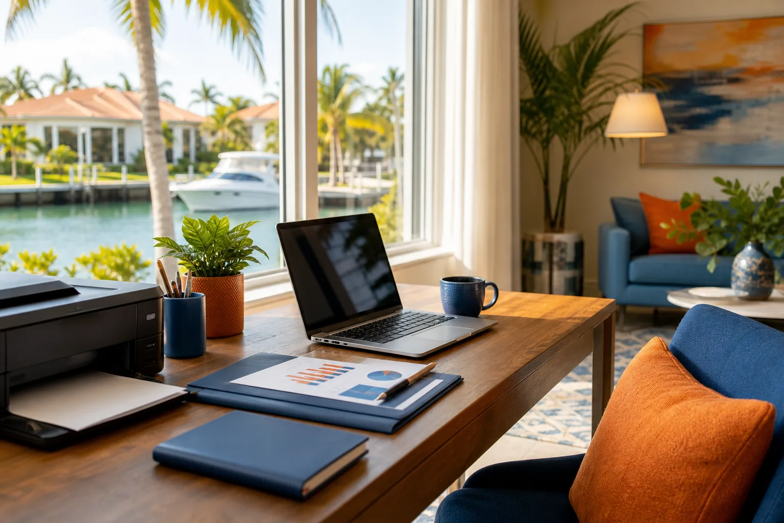 Wooden desk with laptop, printer, navy notebooks, and charts near a waterfront window with palm trees and a boat outside.