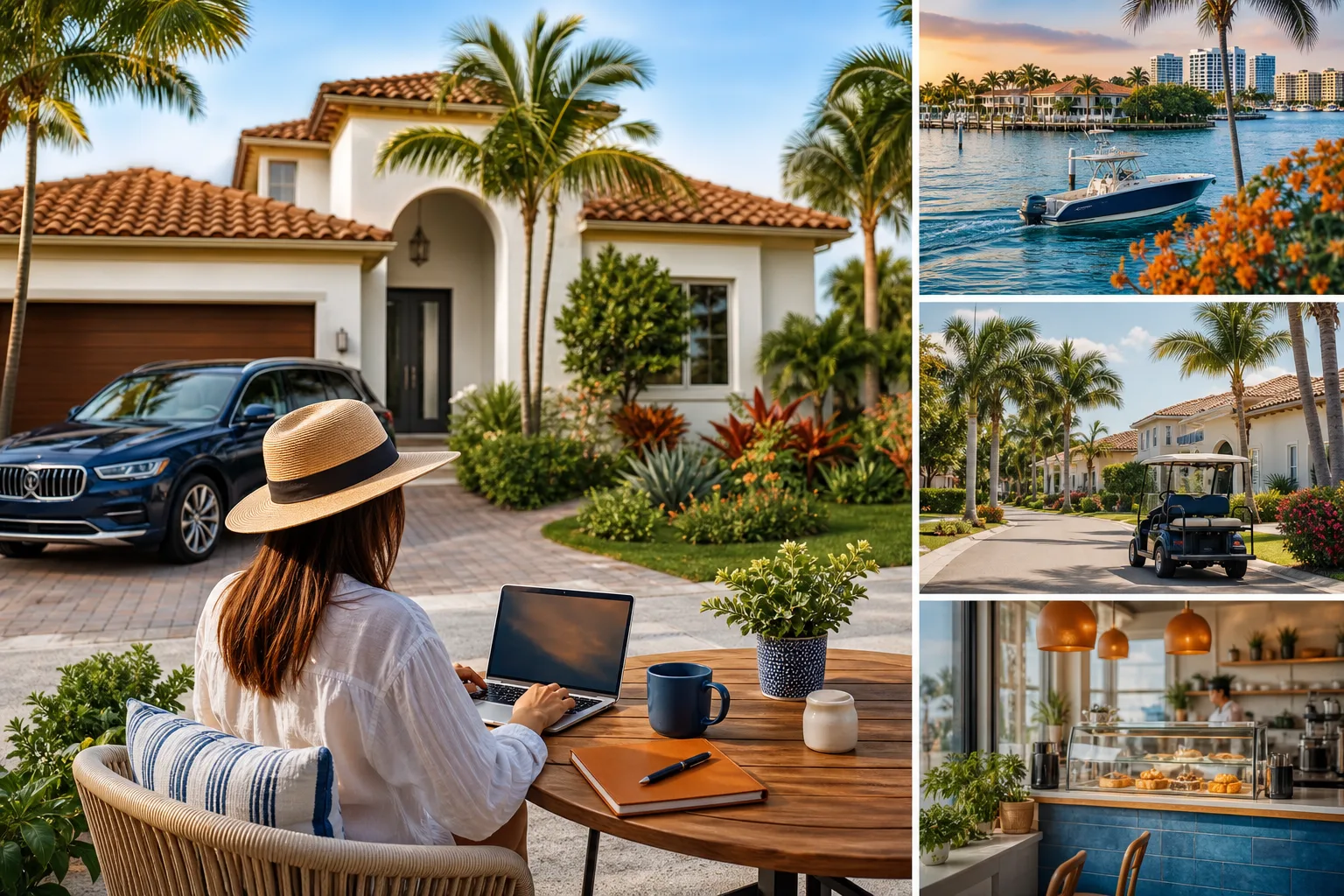 Woman in straw hat works on laptop outside Florida Mediterranean home; collage includes waterway, golf cart street, and café