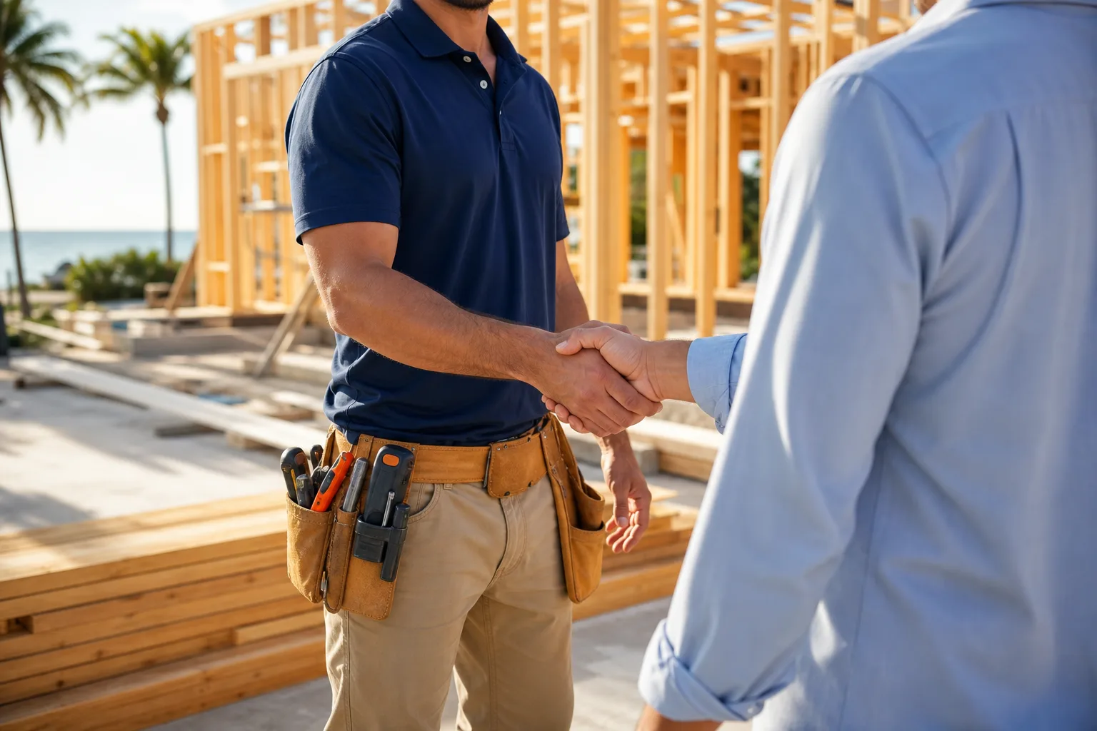 Contractor in navy polo and tool belt shakes hands with client at a coastal Florida residential framing construction site.