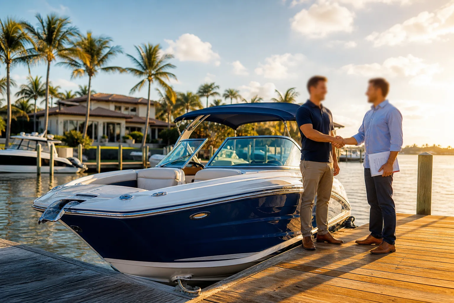 Two men shaking hands on a marina dock beside a navy blue motorboat, with a luxury waterfront home and palm trees behind them.