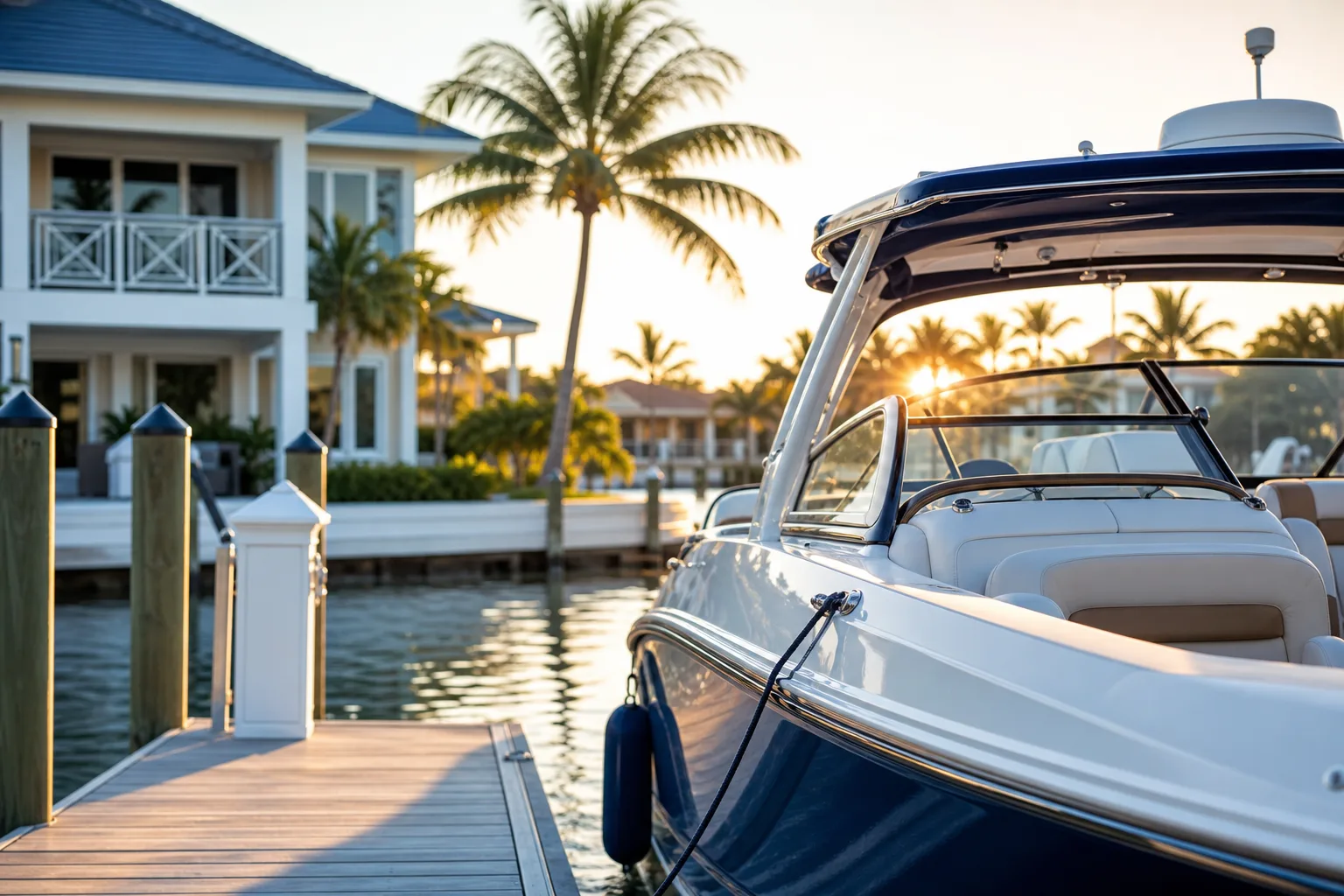 White and navy motorboat docked at a private pier beside a luxury waterfront home at sunset with palm trees.