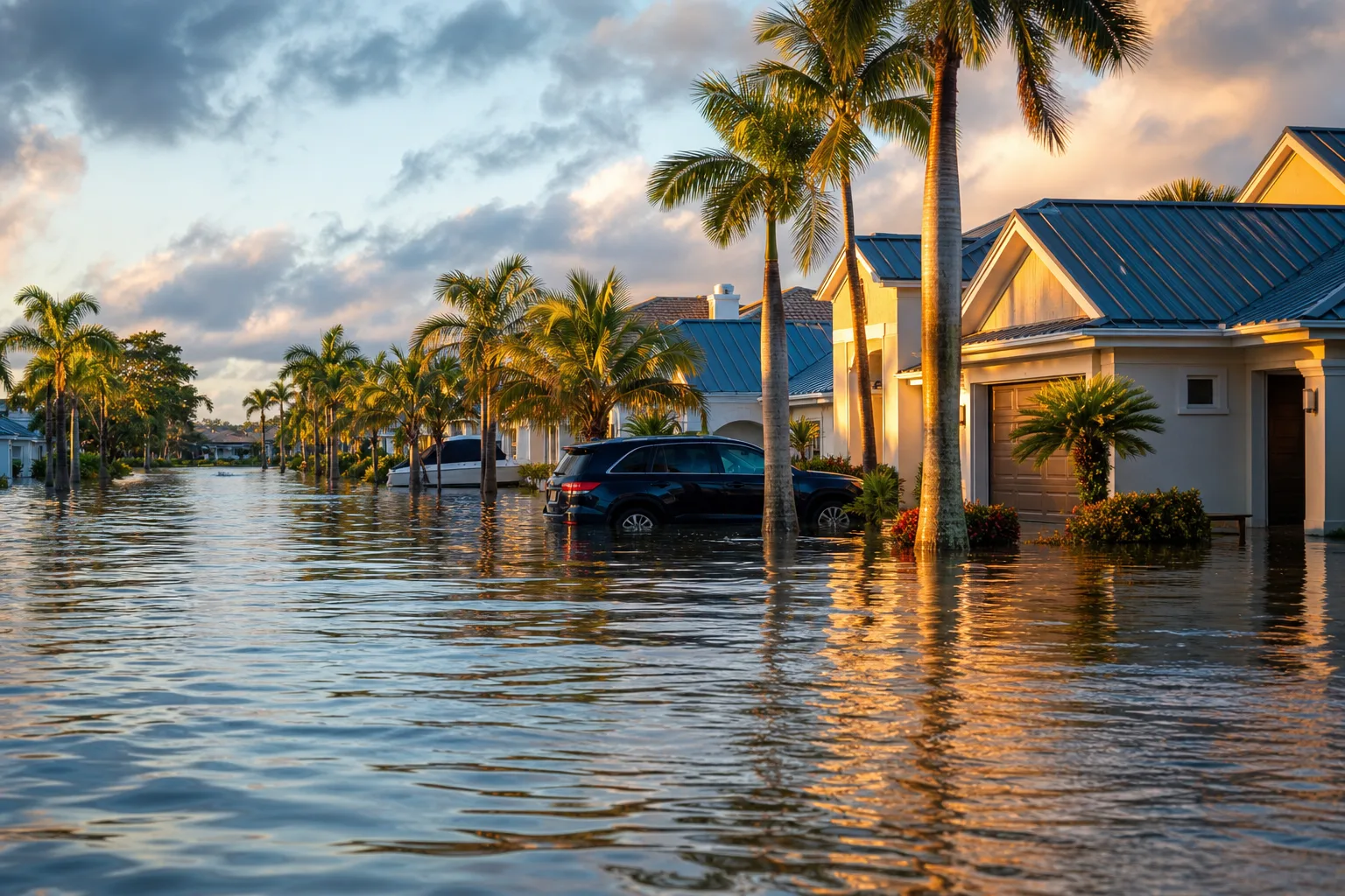 Flooded suburban street in Florida at golden hour, water submerging car wheels and palm tree bases beside upscale homes.