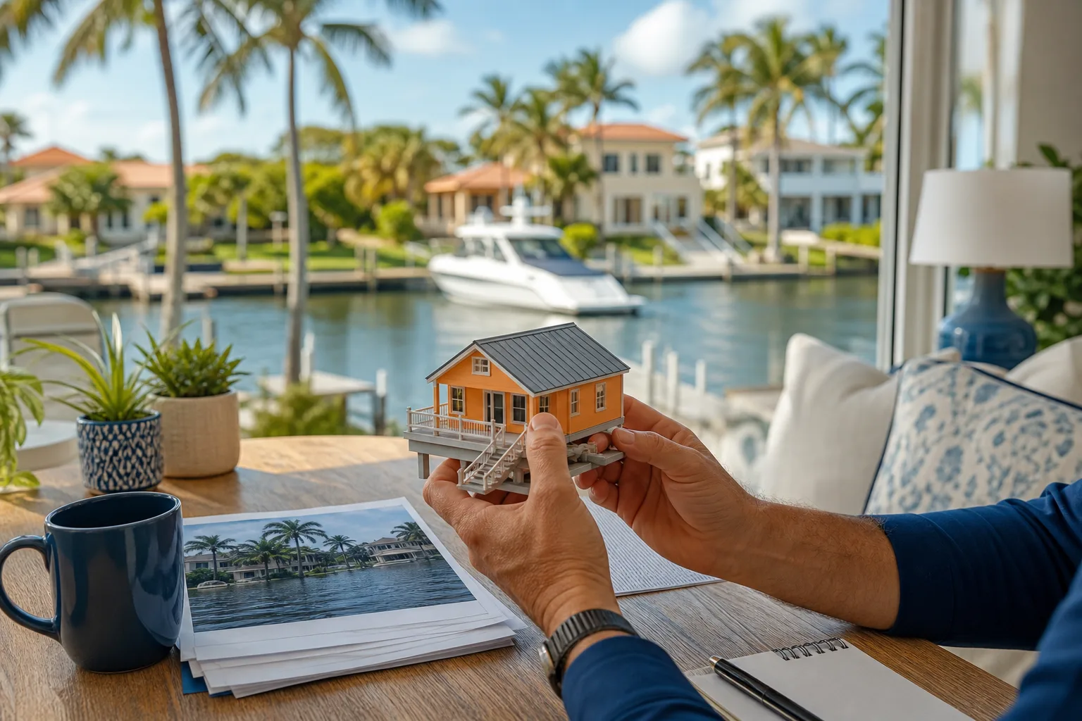 Hands holding a small orange house model over documents, with a waterfront canal, luxury homes, and boat visible through window.