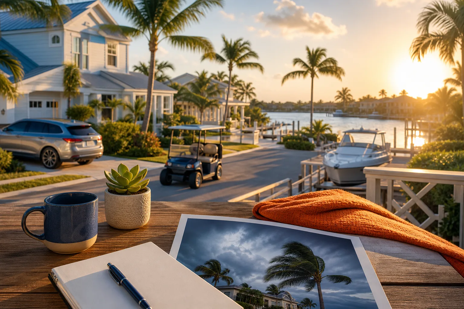 Waterfront porch table with notebook, pen, coffee, succulent, and storm photo; coastal homes, golf cart, boat at golden hour