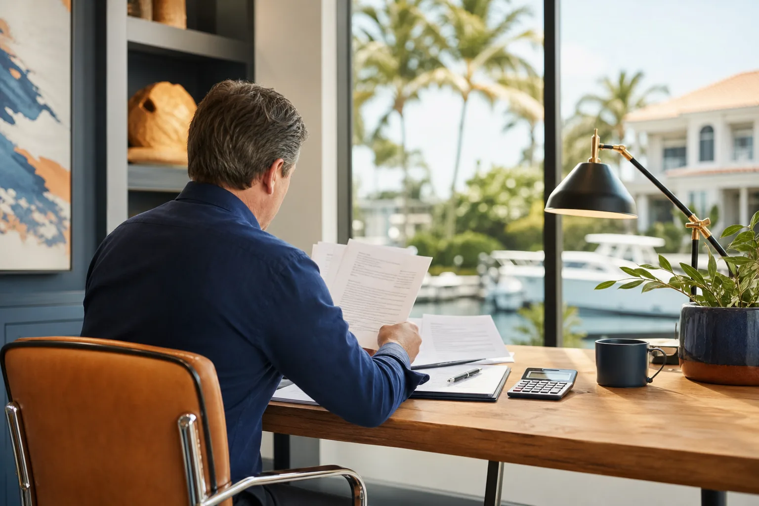 Man in blue shirt reviews documents at wood desk with calculator, lamp, and waterfront view of yachts and palm trees.