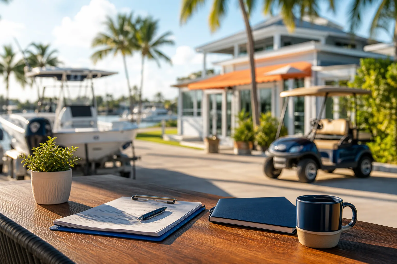 Outdoor desk with clipboard, notebook, pen, and coffee mug at a Florida marina with boats, golf cart, and palm trees.