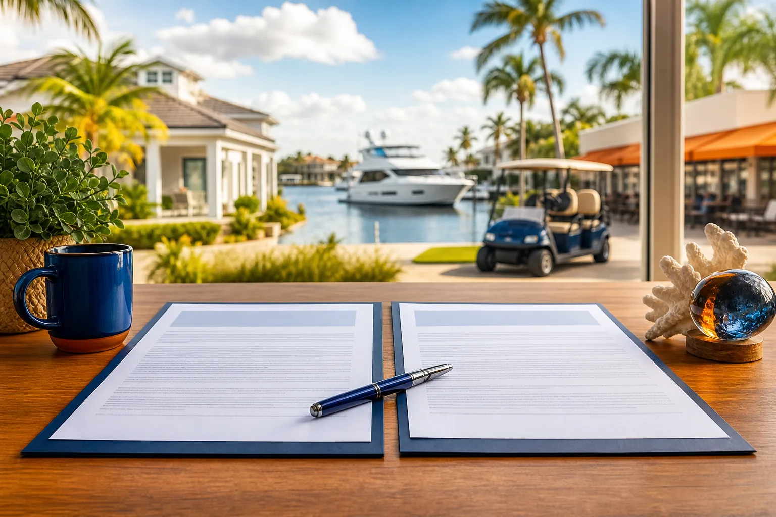Two open documents with a blue pen on a wooden desk, overlooking a waterfront with a yacht, golf cart, and palm trees.