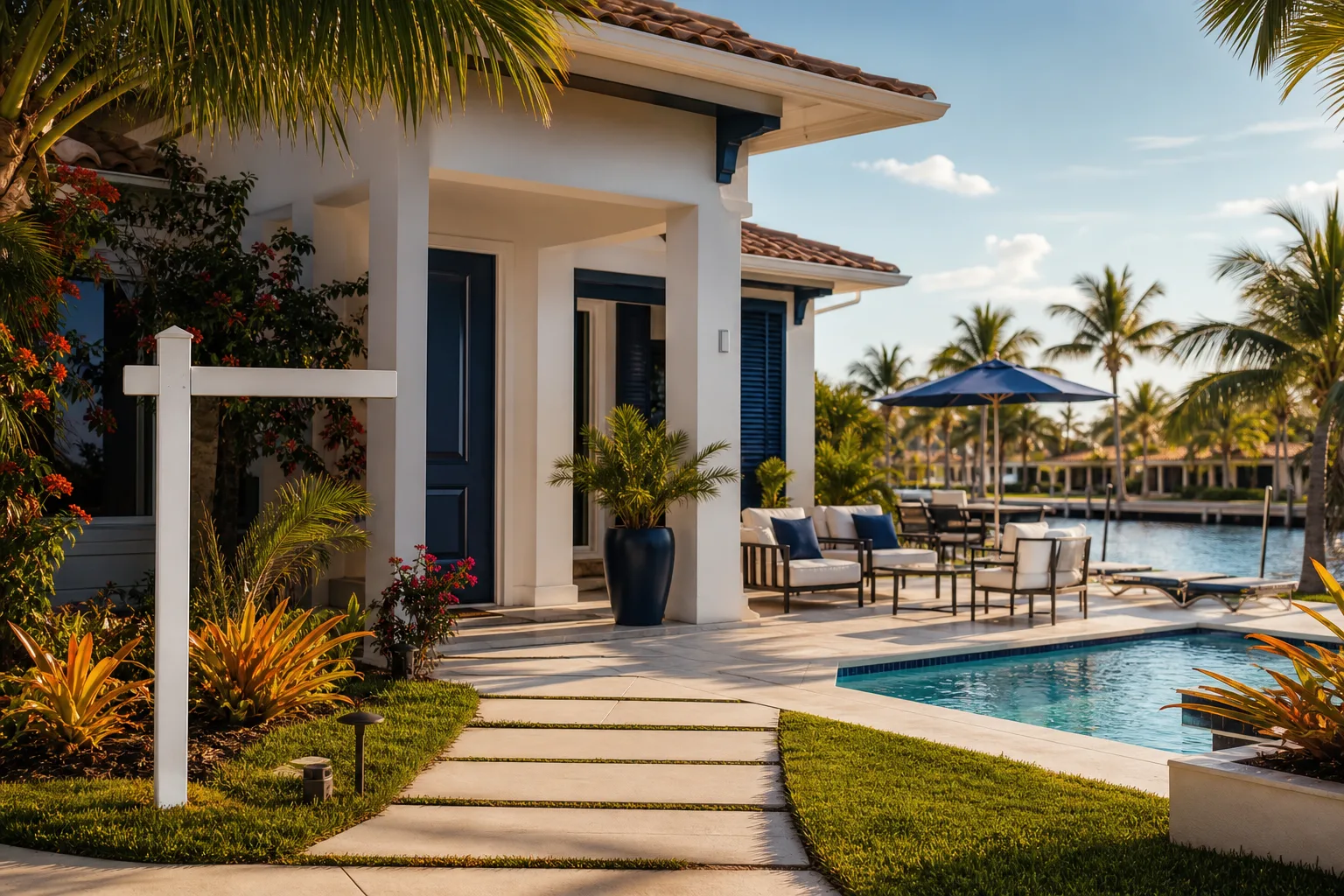 White Florida waterfront home with blue door, pool, patio furniture, palm trees, and a blank white real estate sign post.