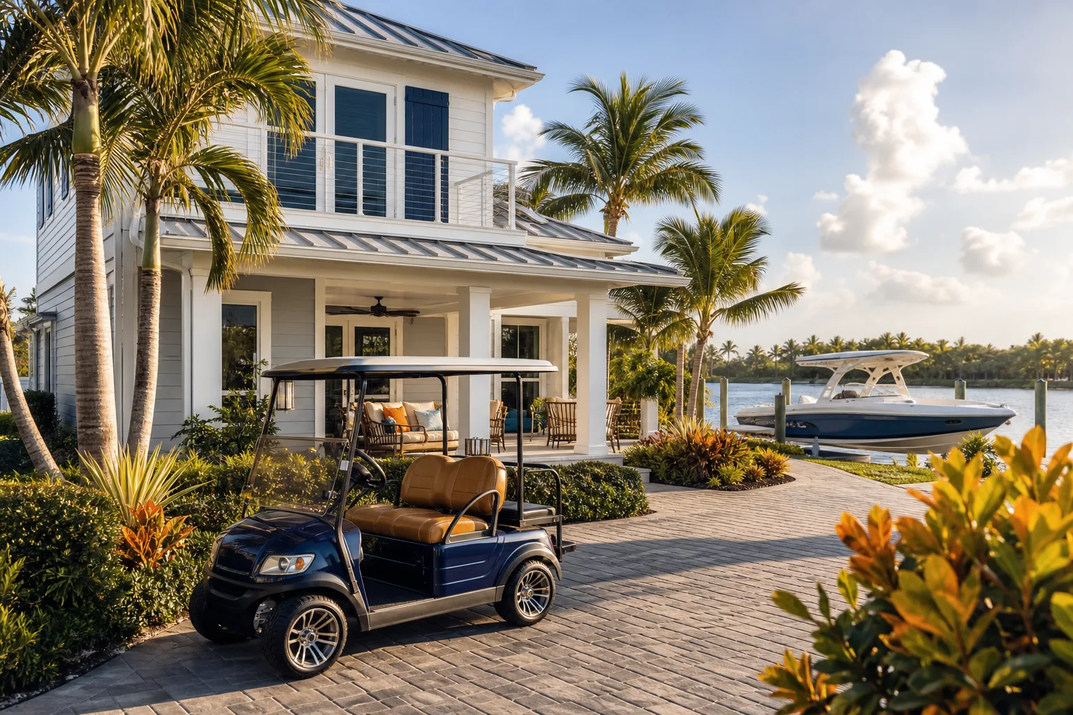Luxury waterfront home with golf cart in driveway, boat at dock, palm trees, and furnished porch in tropical setting.