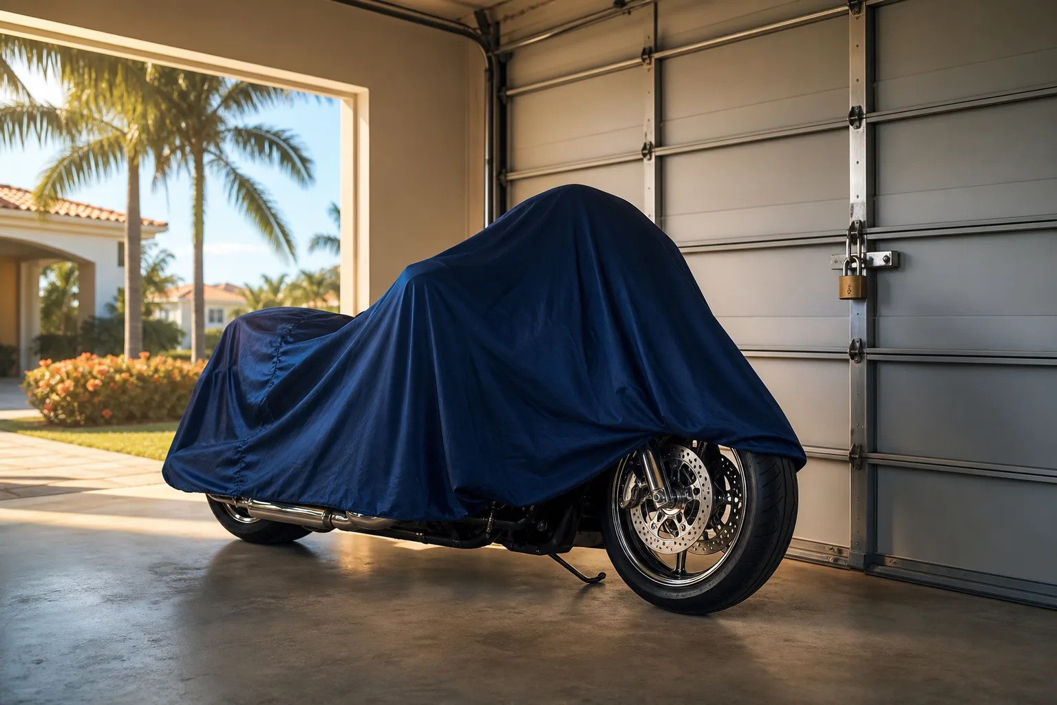 Navy blue cloth cover draped over a cruiser motorcycle inside a residential garage in South Florida, garage door padlocked.