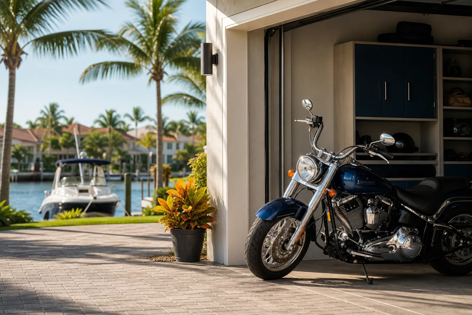 Blue Harley-Davidson cruiser parked at garage of waterfront Florida home with boat docked and palm trees in background.