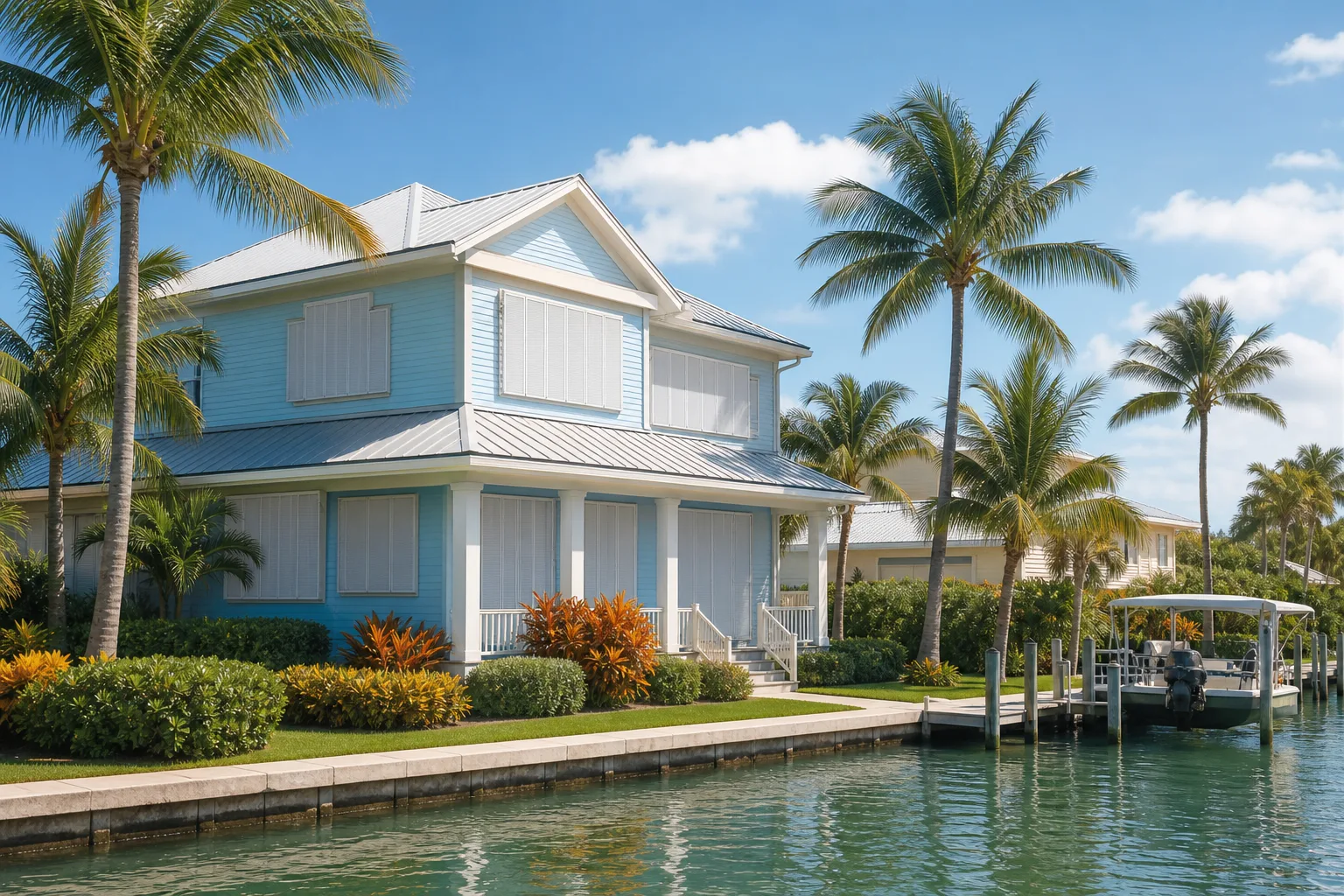 Two-story pastel blue Florida house with metal roof, hurricane shutters, palm trees, tropical landscaping, and a boat dock on a canal.