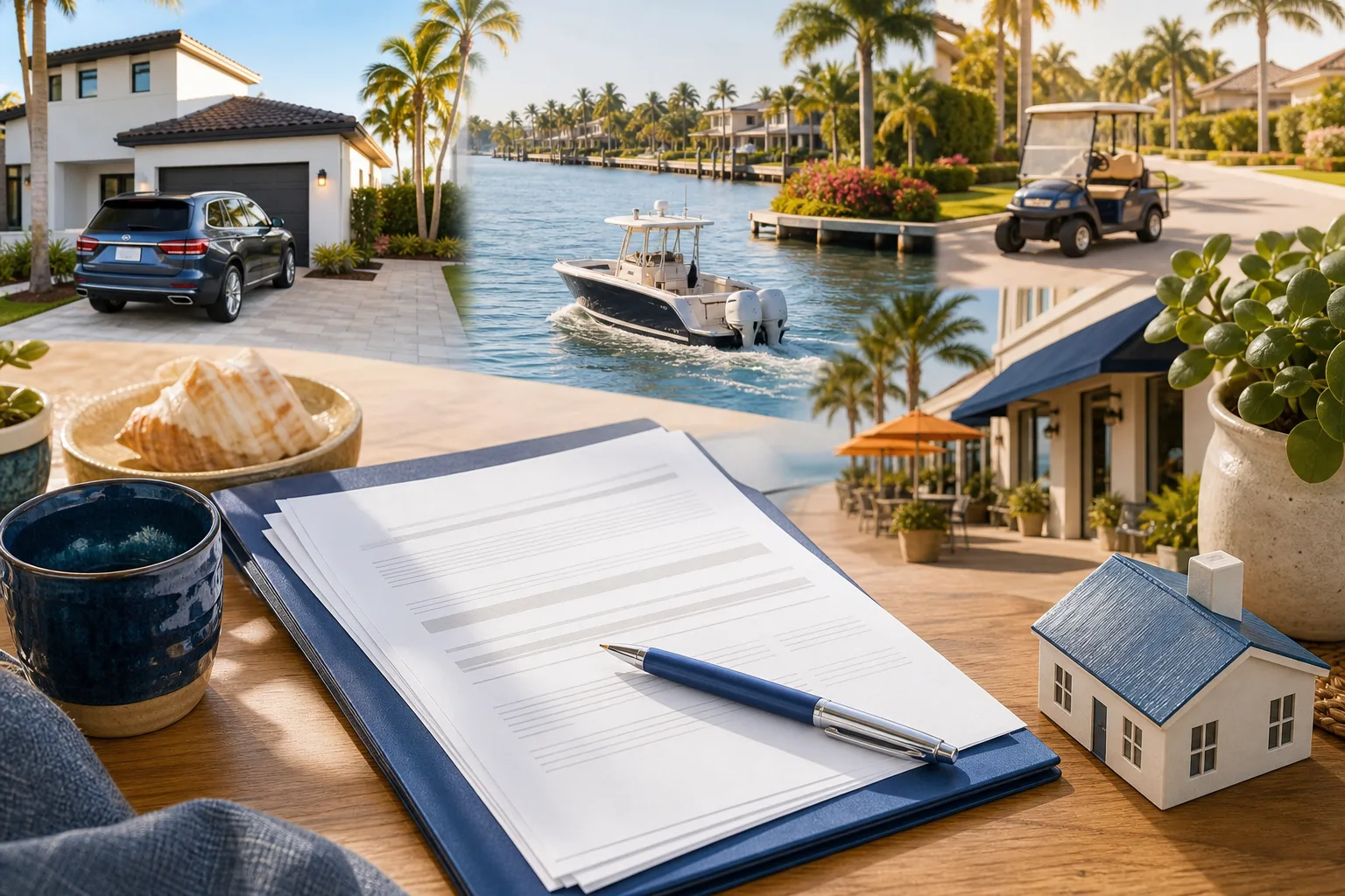 Clipboard with blank document and pen on table, surrounded by Florida home, boat, SUV, golf cart, and waterway scenes.