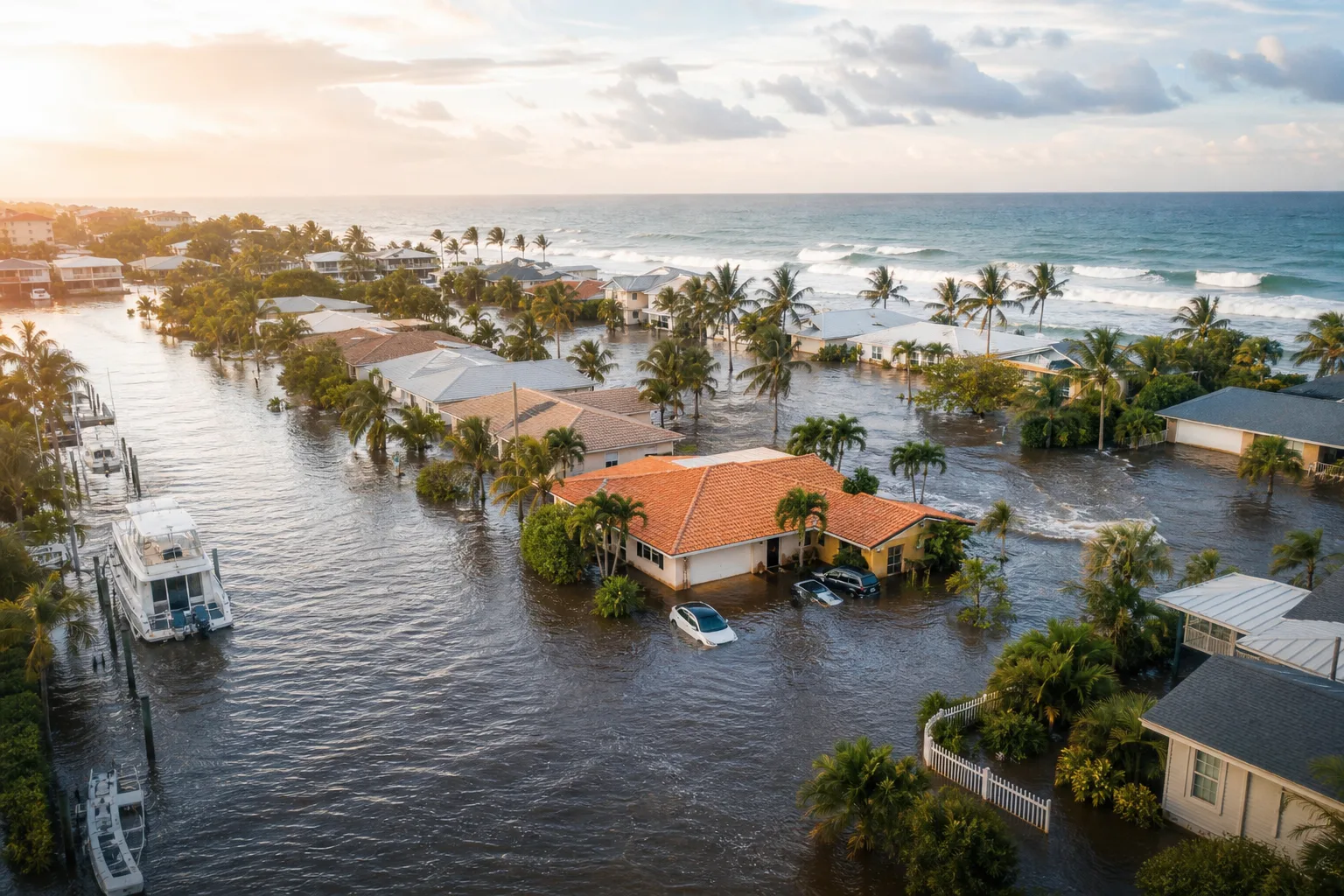 Aerial view of a flooded Florida coastal neighborhood with submerged cars, palm trees, and homes surrounded by brown floodwater.