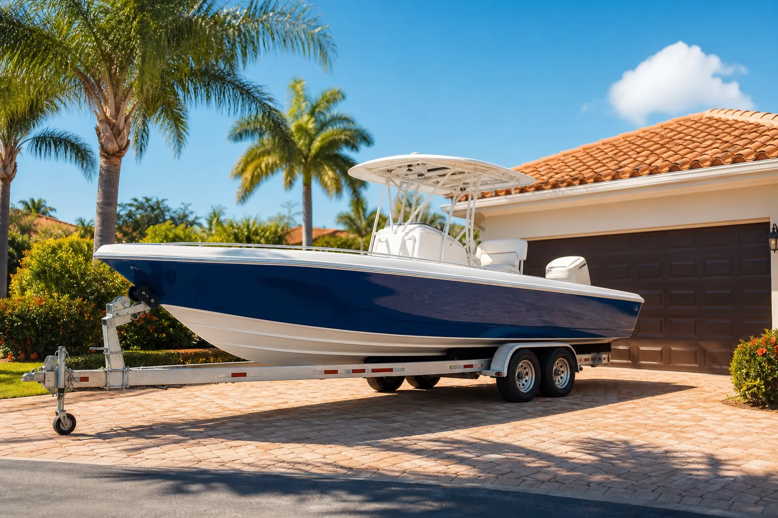 Blue and white center console fishing boat on aluminum trailer parked in Florida driveway with palm trees and tile-roof home.