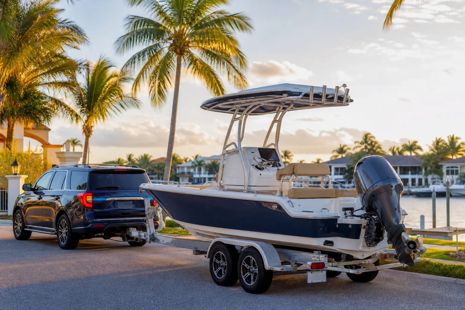 Dark blue SUV towing a center-console boat on a trailer in a waterfront South Florida neighborhood at sunset.