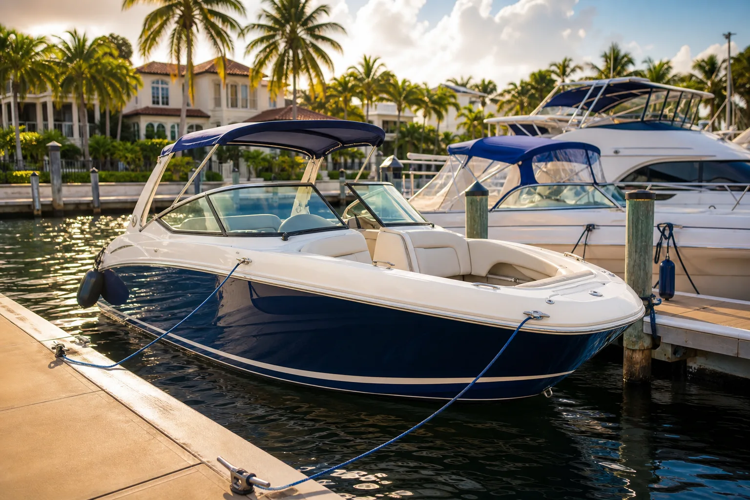 Blue and white motorboat moored at a dock with cleats, blue bimini top, neighboring yacht, and palm-lined waterfront mansions.
