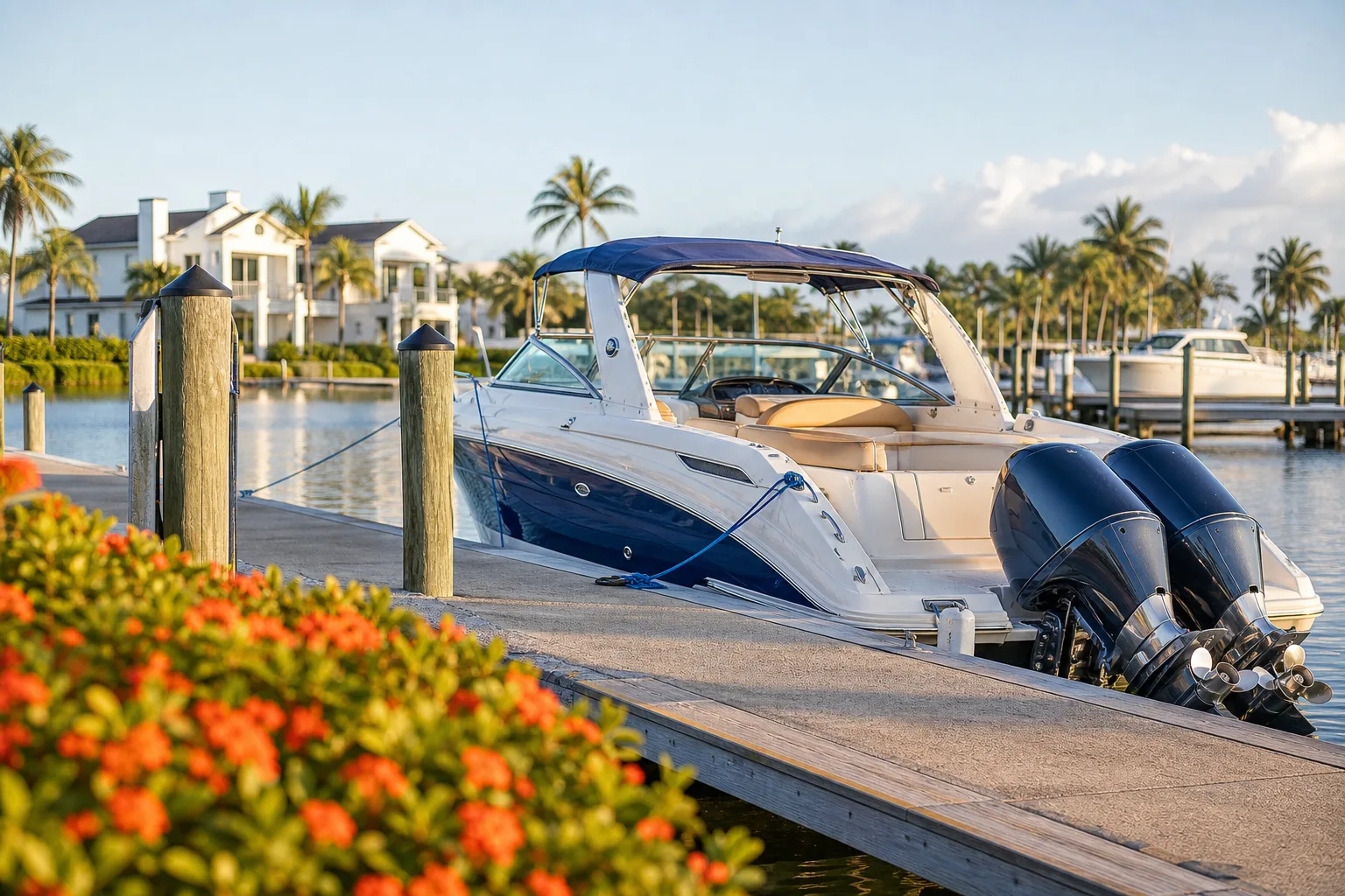 Blue and white twin-engine motorboat docked at a marina pier, luxury waterfront homes and palm trees in background.