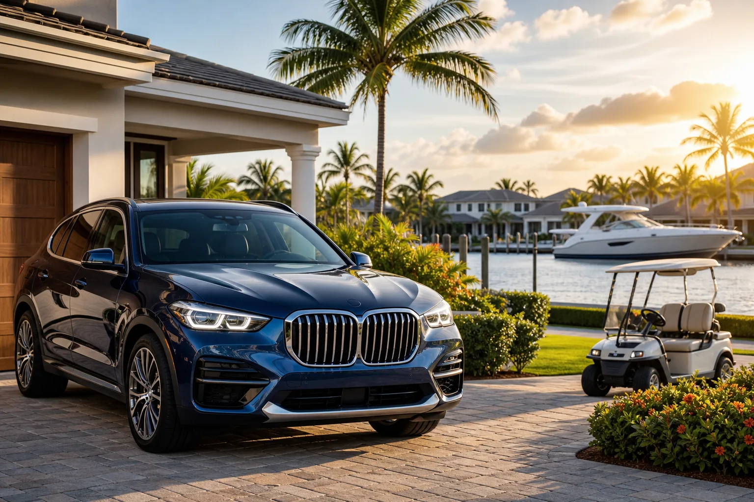 Blue BMW X5 SUV parked in driveway of Florida waterfront luxury home with golf cart and yacht visible