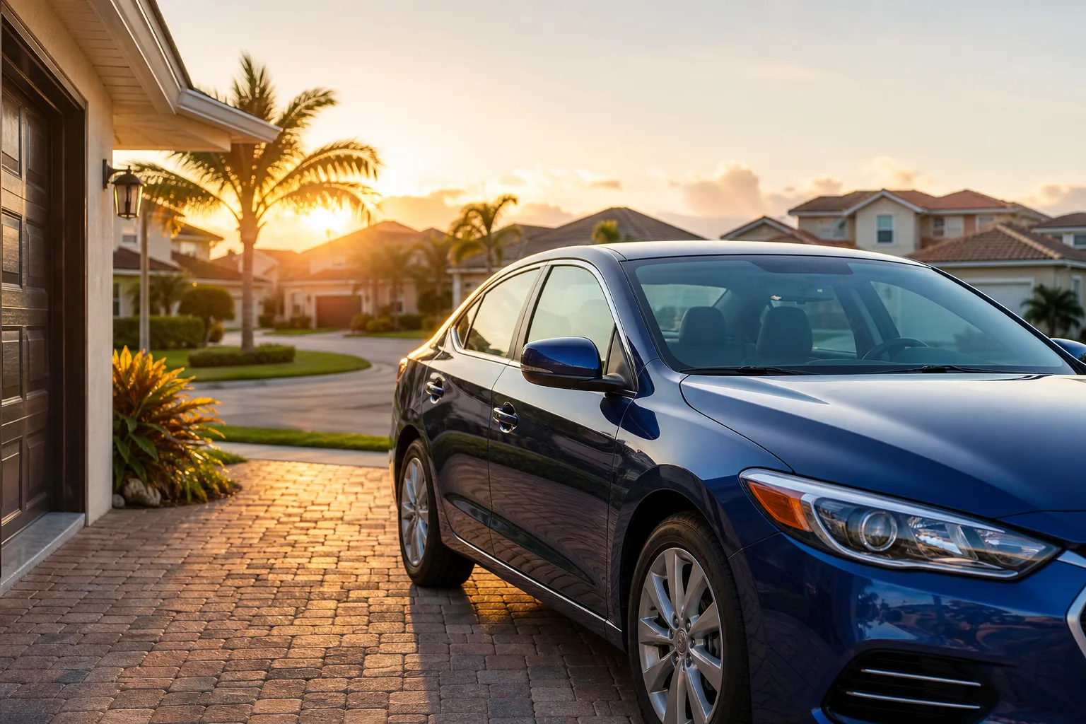 Blue sedan parked in a residential driveway at sunset