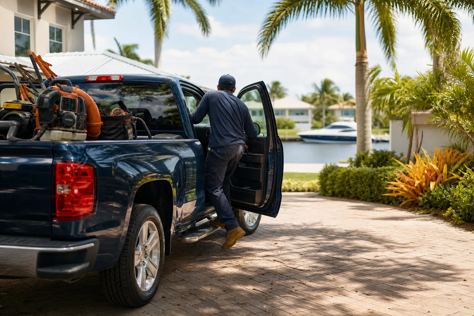 Landscaping worker in navy uniform climbing into blue pickup truck loaded with lawn equipment at a waterfront property driveway.