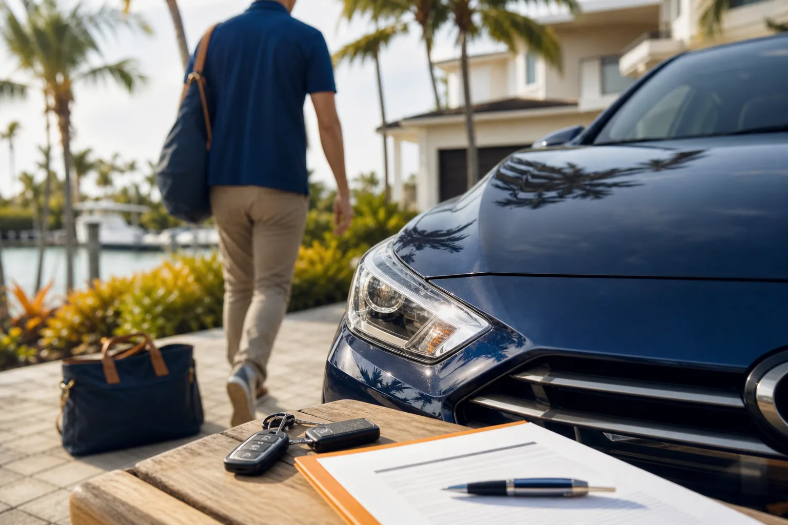 Man in blue shirt walking toward navy car; car keys, clipboard with document, and pen on wooden surface in foreground.
