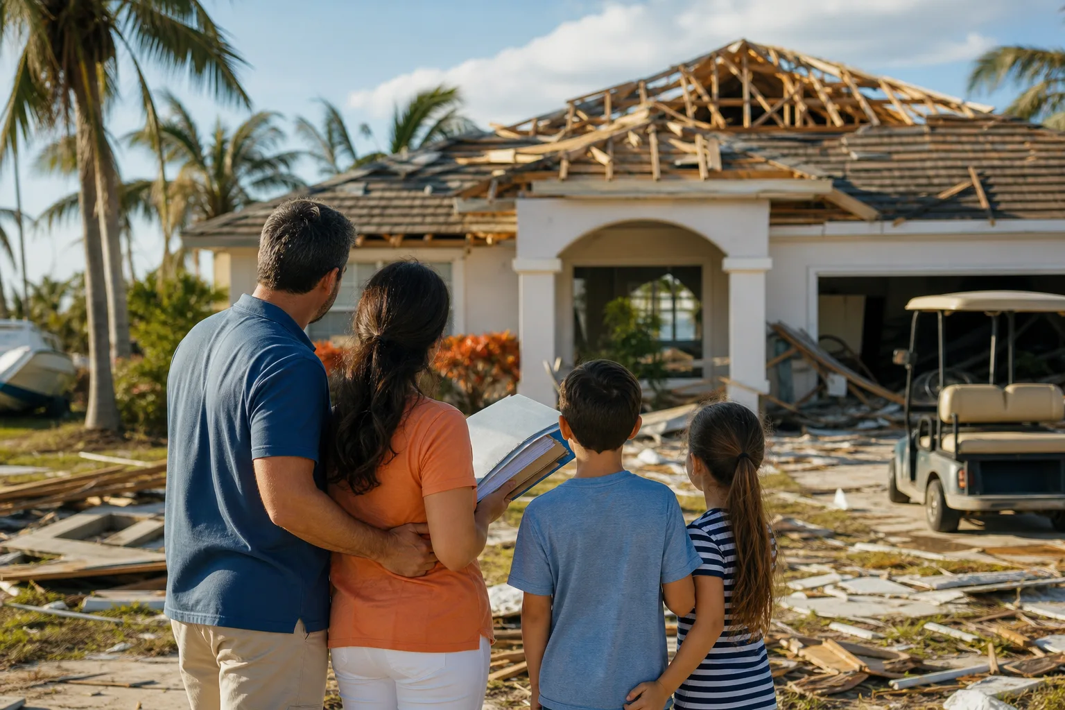 Family of four viewed from behind surveys hurricane-damaged home with exposed roof rafters and debris-strewn yard, palm trees visible