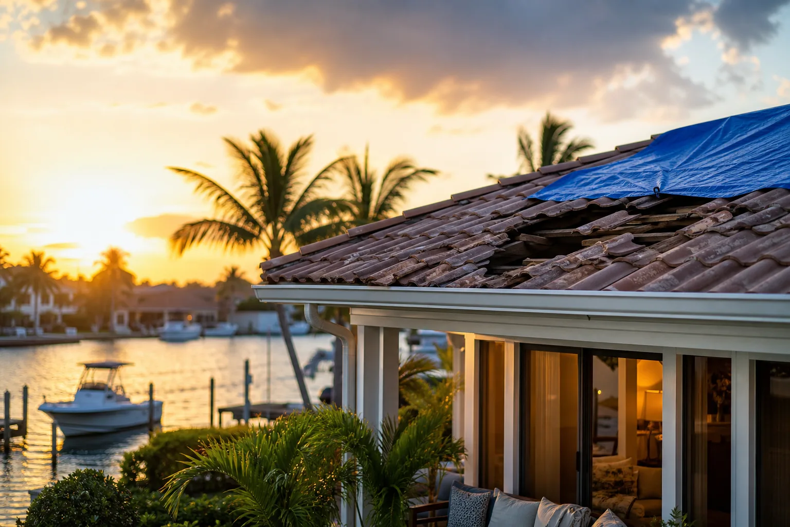 Hurricane-damaged tile roof with blue tarp on waterfront Florida home at sunset, boat and palm trees visible in background