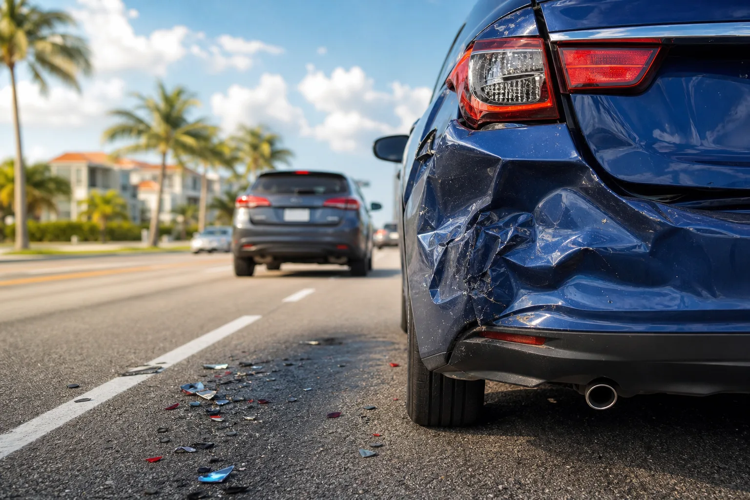 Close-up of a crumpled blue car rear bumper after a collision, broken debris on road, SUV visible ahead on sunny Florida street.