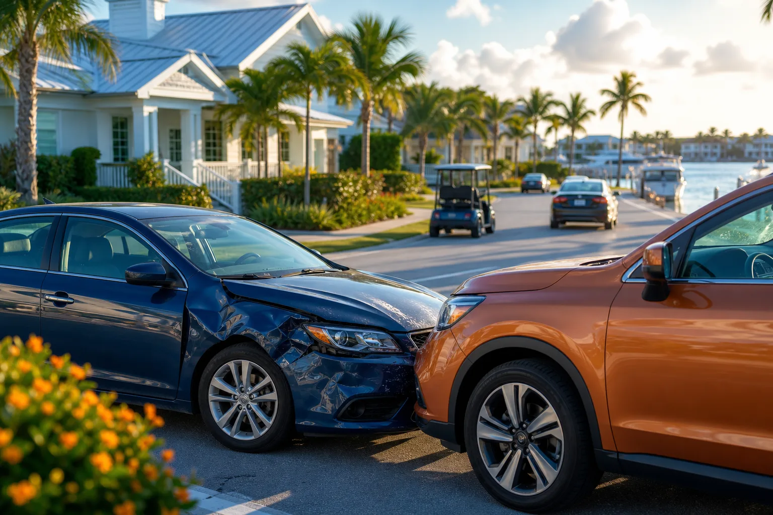 Two-car front-end collision between a blue sedan and orange SUV on a palm-lined Florida residential street.
