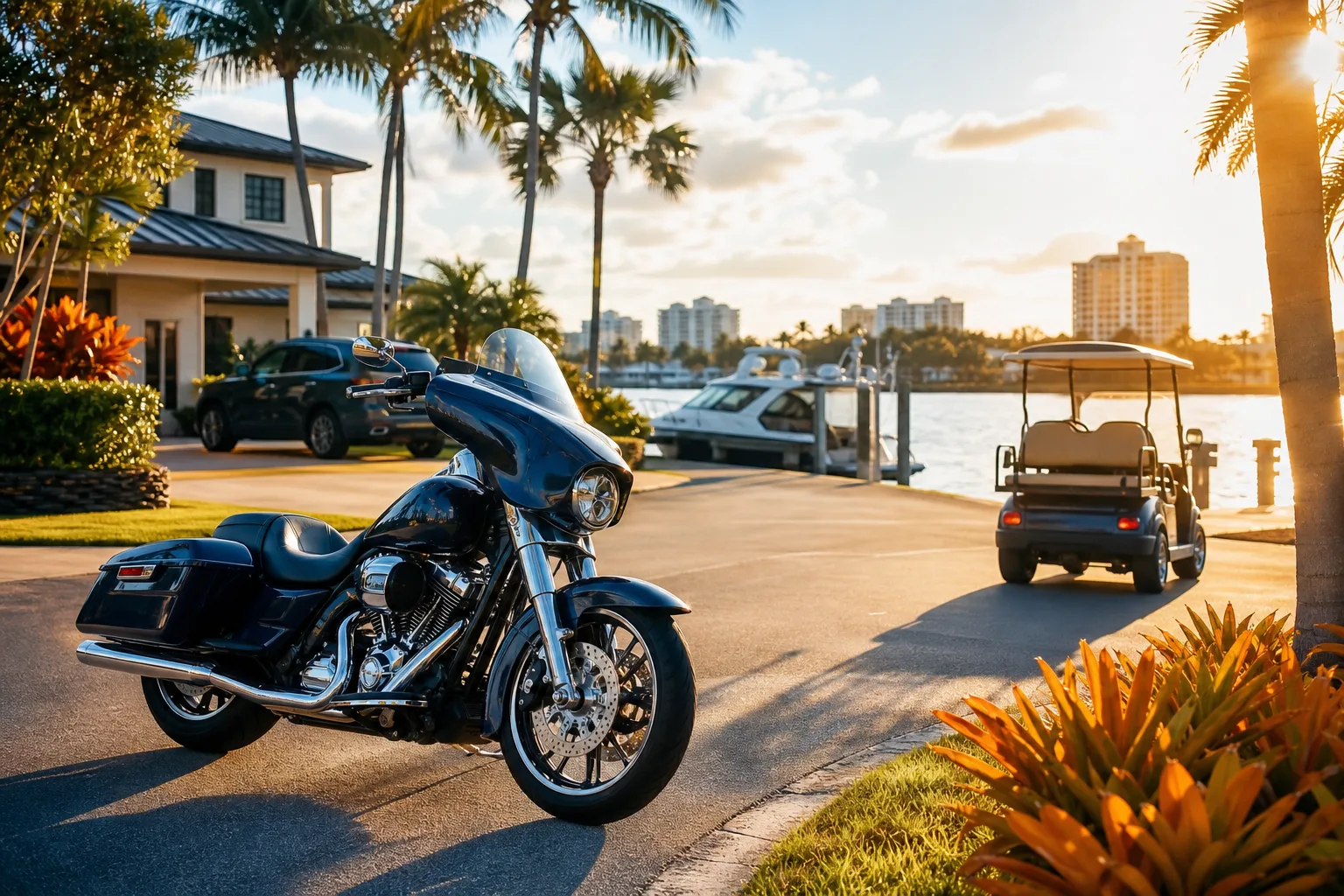 Black Harley-Davidson touring motorcycle parked on waterfront driveway in Florida, with golf cart, yacht, and palm trees at sunset