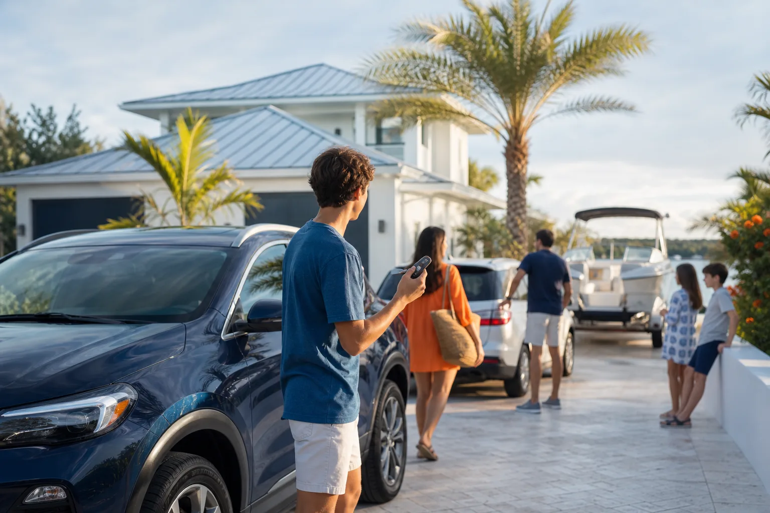 Florida family of five near two SUVs and a boat trailer in a sunny coastal home driveway with palm trees.
