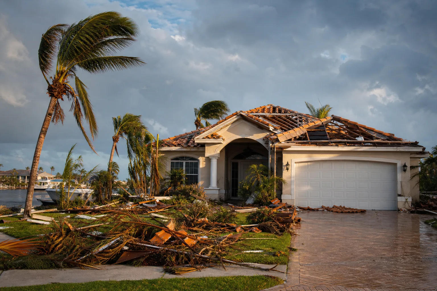 Hurricane-damaged Florida home with collapsed roof tiles, debris-strewn yard, bent palm trees, and stormy sky near waterway.