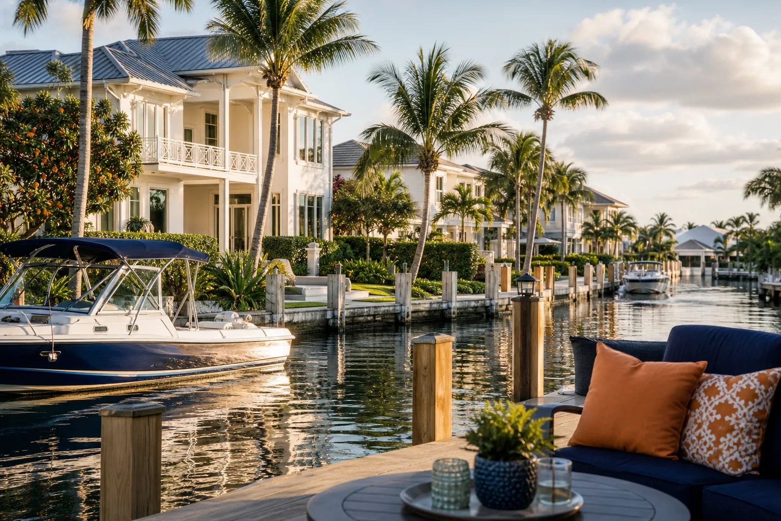 Luxury waterfront homes along a Florida canal with docked motorboat and outdoor seating on a wooden dock