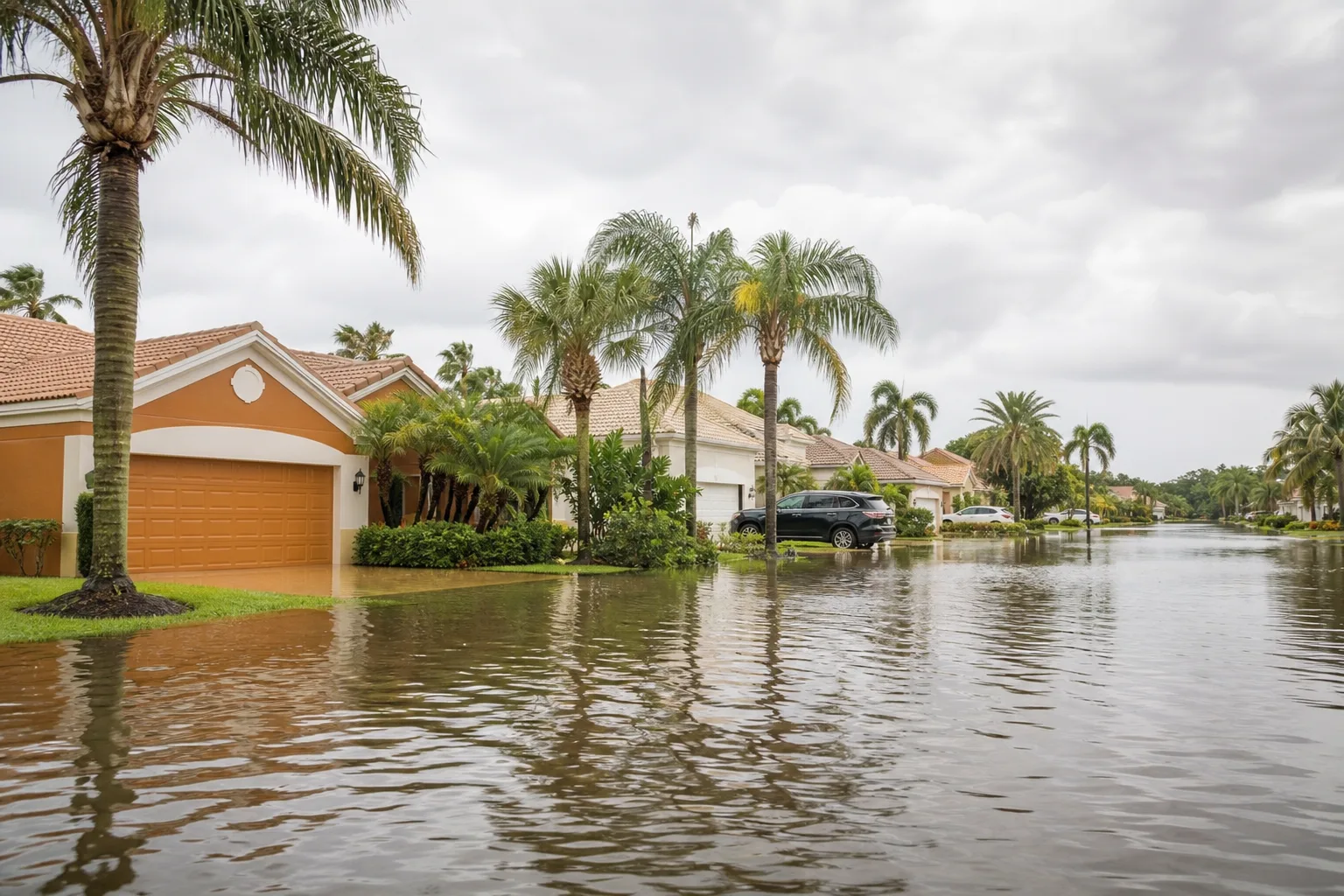 Flooded suburban Florida street with brown water covering road, palm trees, and Mediterranean-style homes with orange tile roofs.