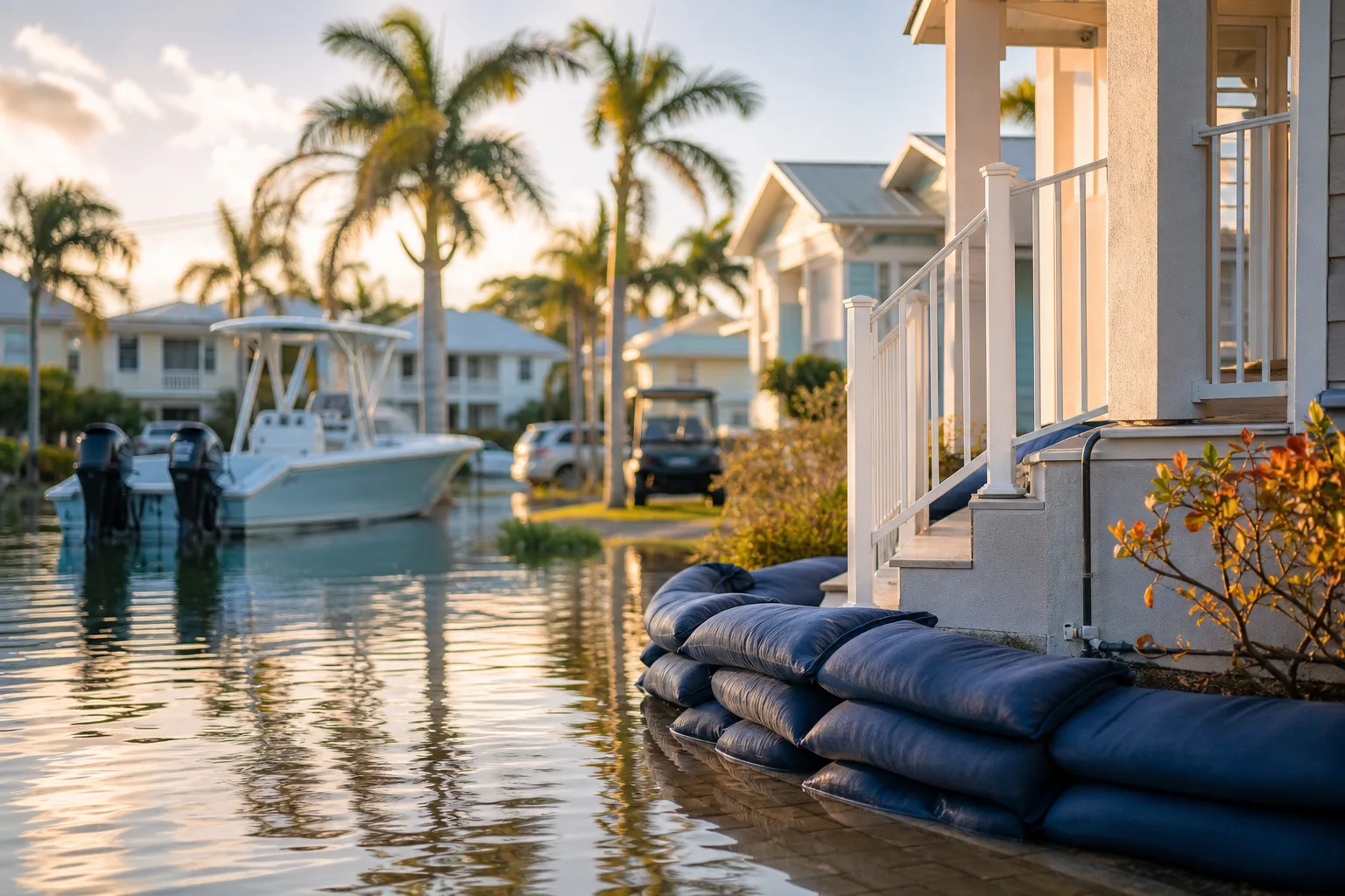 Dark sandbags stacked against a coastal home's porch as floodwater rises, boats and palm trees visible in background.